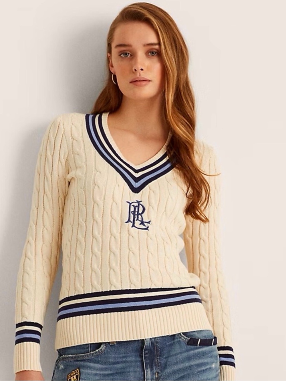 Lauren Ralph Lauren Logo Cricket Sweater S Cream Cable Knit Cotton LRL Preppy